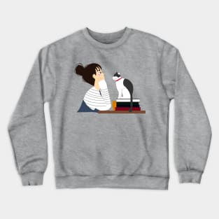 Cat, books, coffee and messy bun Crewneck Sweatshirt